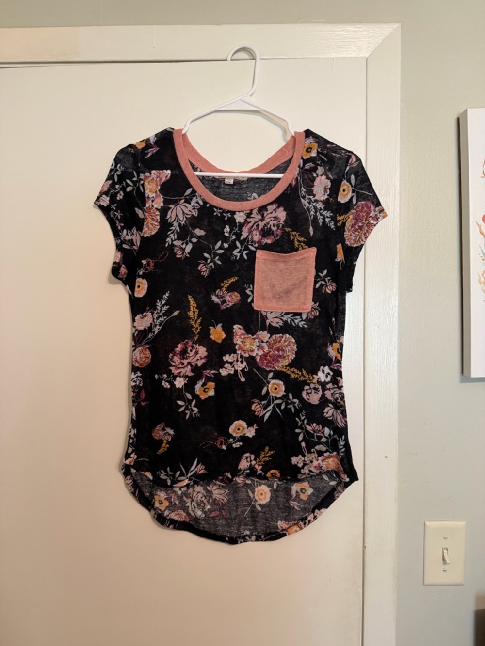 Women's Black Floral Short Sleeve Pocket Tee with Pink Trim